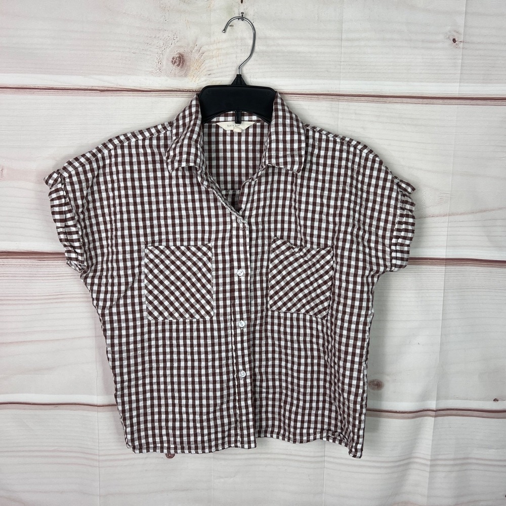 Sim & Sam Top Womens M Brown Gingham Shirt Cotton Check Button Up Cropped Collar